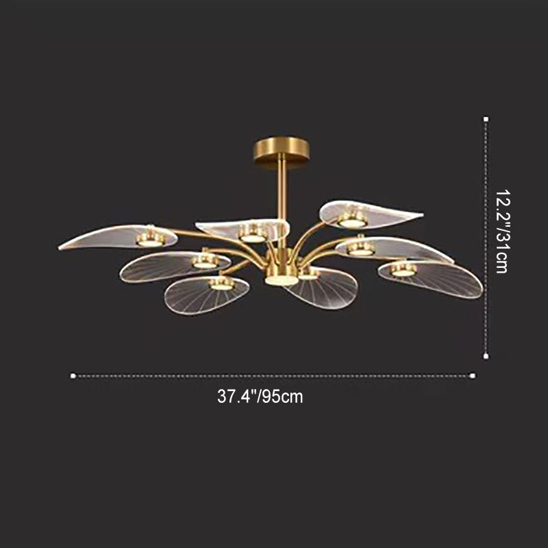 Contemporary Luxury Acrylic Leaves Texture Shade Golden Finish Frame LED Chandelier For Living Room