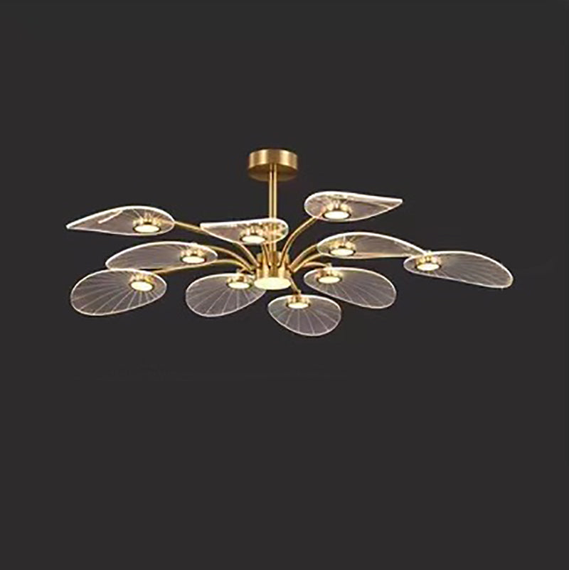 Contemporary Luxury Acrylic Leaves Texture Shade Golden Finish Frame LED Chandelier For Living Room