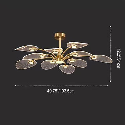 Contemporary Luxury Acrylic Leaves Texture Shade Golden Finish Frame LED Chandelier For Living Room