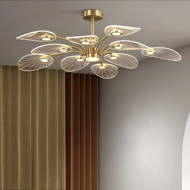 Contemporary Luxury Acrylic Leaves Texture Shade Golden Finish Frame LED Chandelier For Living Room
