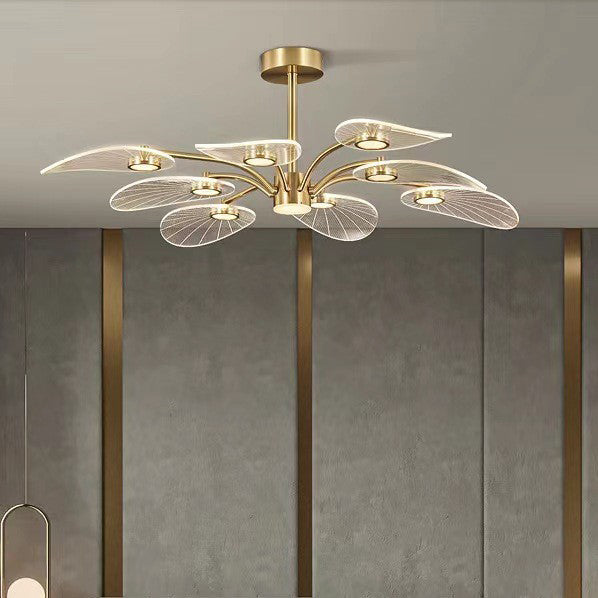 Contemporary Luxury Acrylic Leaves Texture Shade Golden Finish Frame LED Chandelier For Living Room