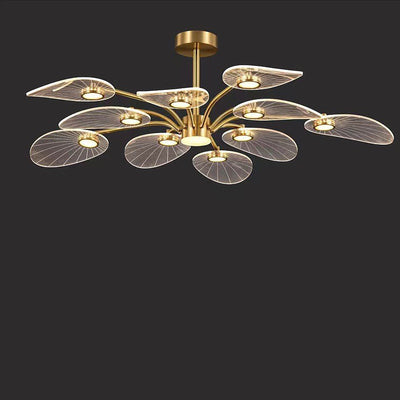 Contemporary Luxury Acrylic Leaves Texture Shade Golden Finish Frame LED Chandelier For Living Room