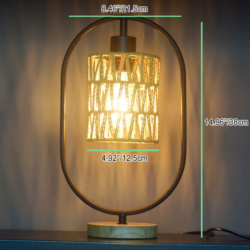 Lampe de table 1 lumière avec base en bois et cage en tissage de corde de chanvre vintage traditionnel pour chambre 