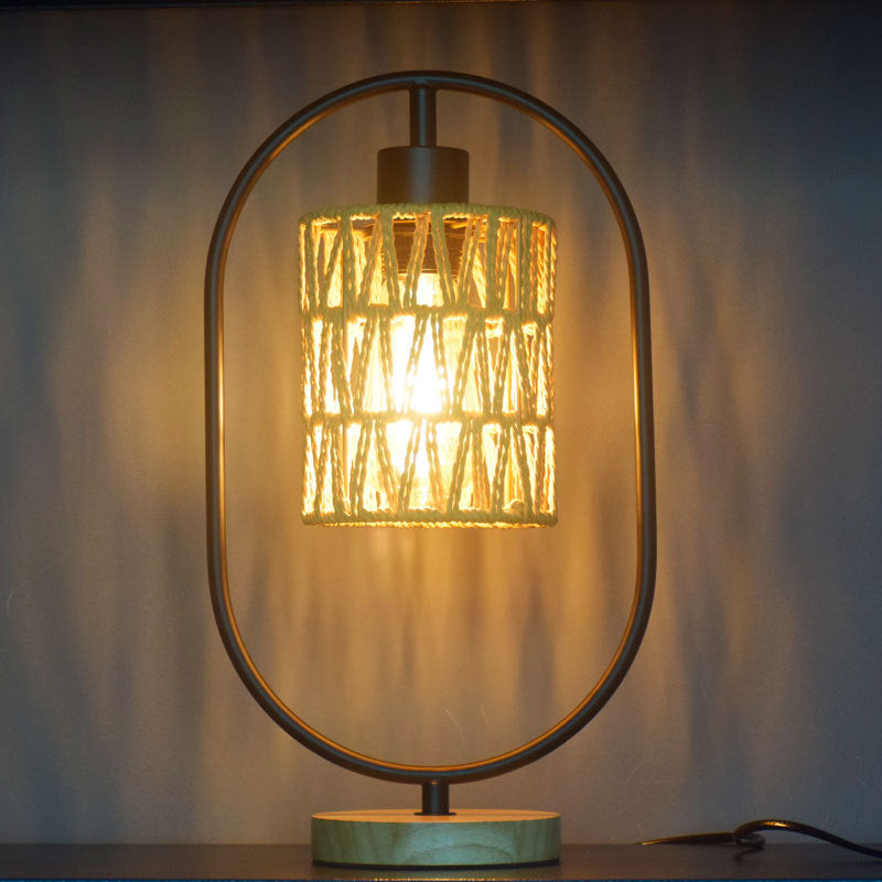 Lampe de table 1 lumière avec base en bois et cage en tissage de corde de chanvre vintage traditionnel pour chambre 