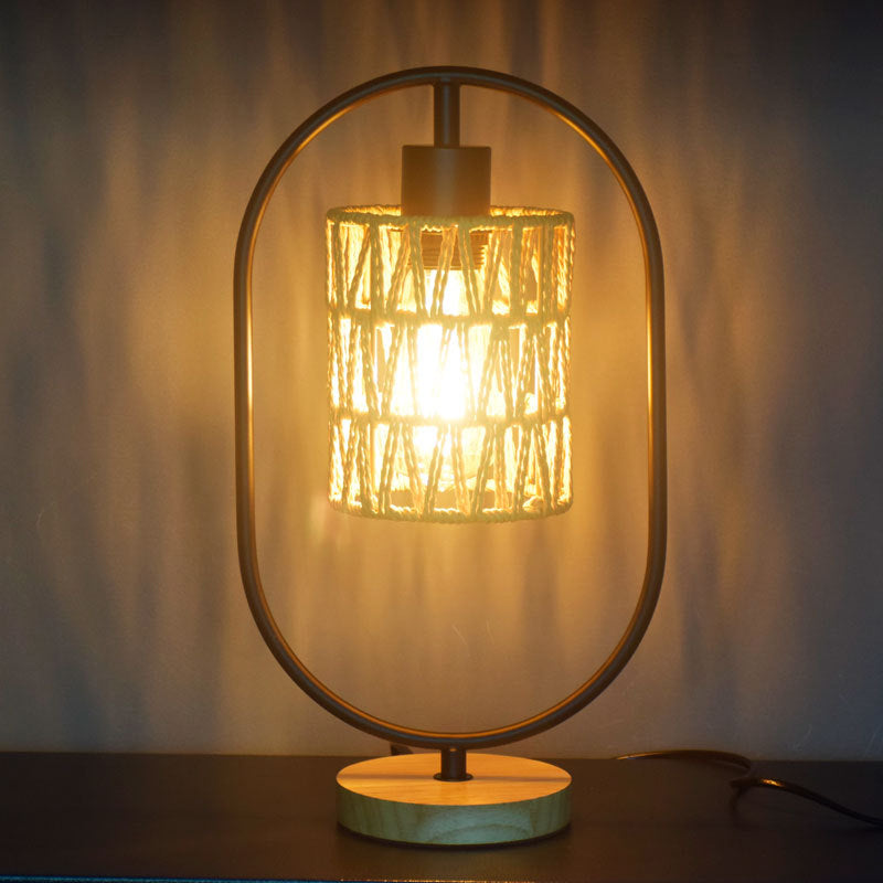 Lampe de table 1 lumière avec base en bois et cage en tissage de corde de chanvre vintage traditionnel pour chambre 