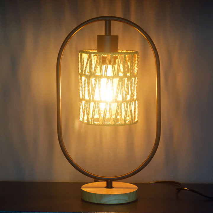 Lampe de table 1 lumière avec base en bois et cage en tissage de corde de chanvre vintage traditionnel pour chambre 