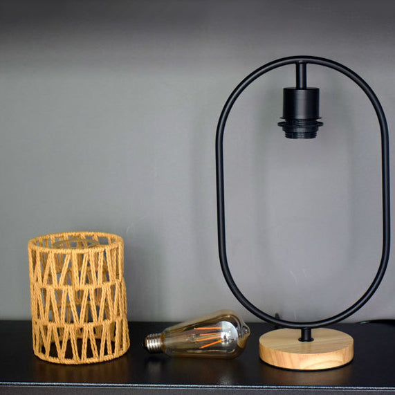 Lampe de table 1 lumière avec base en bois et cage en tissage de corde de chanvre vintage traditionnel pour chambre 