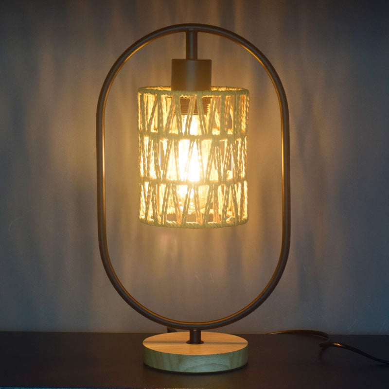 Lampe de table 1 lumière avec base en bois et cage en tissage de corde de chanvre vintage traditionnel pour chambre 