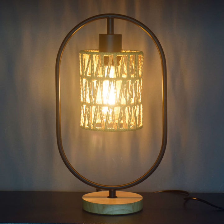 Lampe de table 1 lumière avec base en bois et cage en tissage de corde de chanvre vintage traditionnel pour chambre 