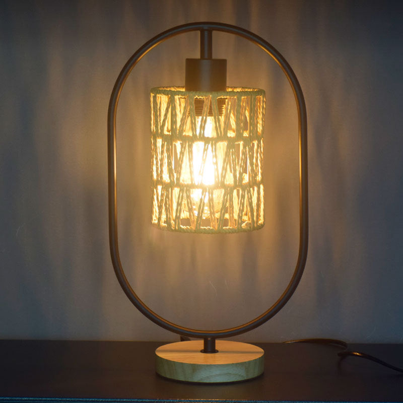 Lampe de table 1 lumière avec base en bois et cage en tissage de corde de chanvre vintage traditionnel pour chambre 