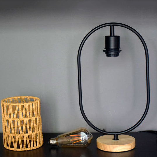 Lampe de table 1 lumière avec base en bois et cage en tissage de corde de chanvre vintage traditionnel pour chambre 