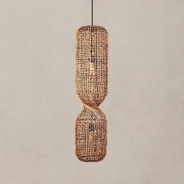 Traditionelle japanische Chinoiserie-Knopf-Pendelleuchte mit zylindrischem Rattan-Geflecht und 1 Licht für Unterhaltungsräume 