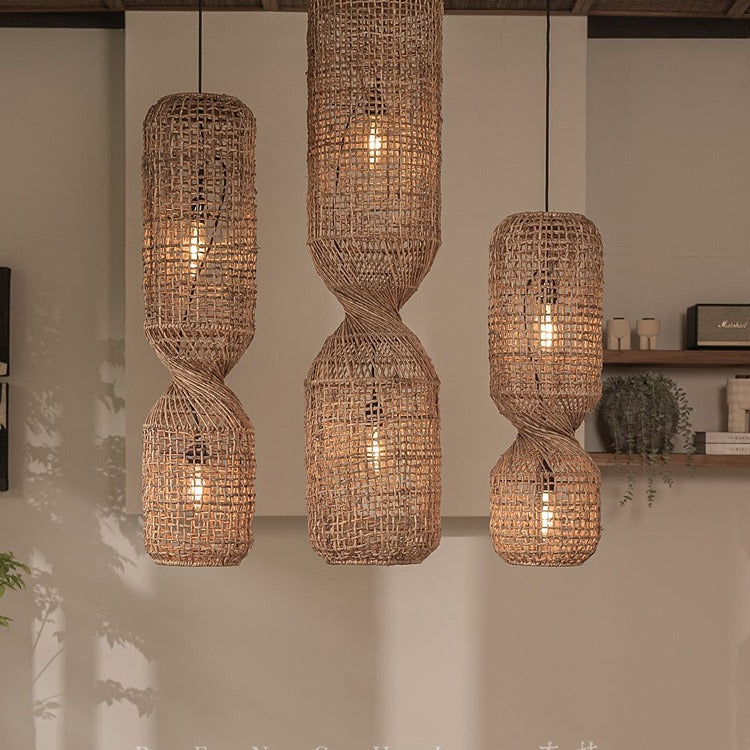 Traditionelle japanische Chinoiserie-Knopf-Pendelleuchte mit zylindrischem Rattan-Geflecht und 1 Licht für Unterhaltungsräume 