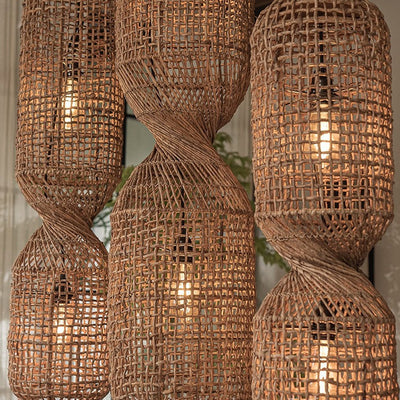 Traditionelle japanische Chinoiserie-Knopf-Pendelleuchte mit zylindrischem Rattan-Geflecht und 1 Licht für Unterhaltungsräume 