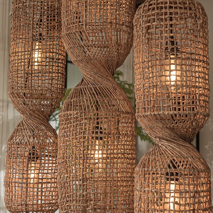 Traditionelle japanische Chinoiserie-Knopf-Pendelleuchte mit zylindrischem Rattan-Geflecht und 1 Licht für Unterhaltungsräume 