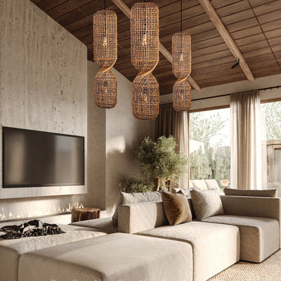 Traditionelle japanische Chinoiserie-Knopf-Pendelleuchte mit zylindrischem Rattan-Geflecht und 1 Licht für Unterhaltungsräume 