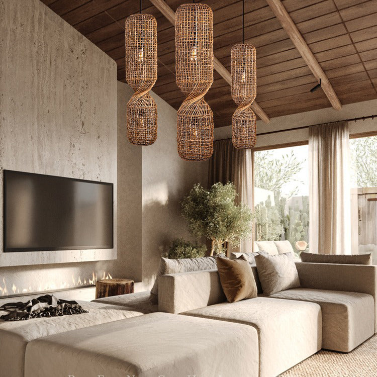 Traditionelle japanische Chinoiserie-Knopf-Pendelleuchte mit zylindrischem Rattan-Geflecht und 1 Licht für Unterhaltungsräume 