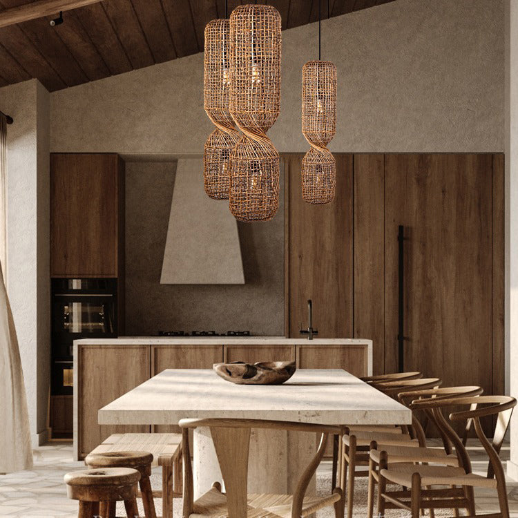 Traditionelle japanische Chinoiserie-Knopf-Pendelleuchte mit zylindrischem Rattan-Geflecht und 1 Licht für Unterhaltungsräume 