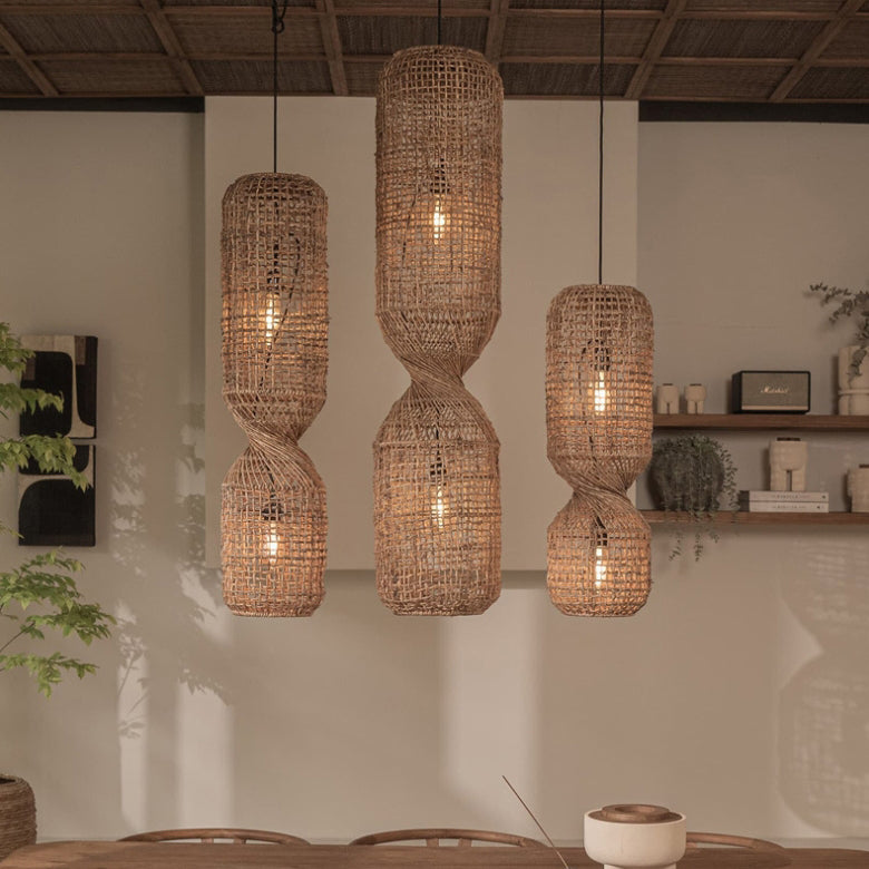 Traditionelle japanische Chinoiserie-Knopf-Pendelleuchte mit zylindrischem Rattan-Geflecht und 1 Licht für Unterhaltungsräume 