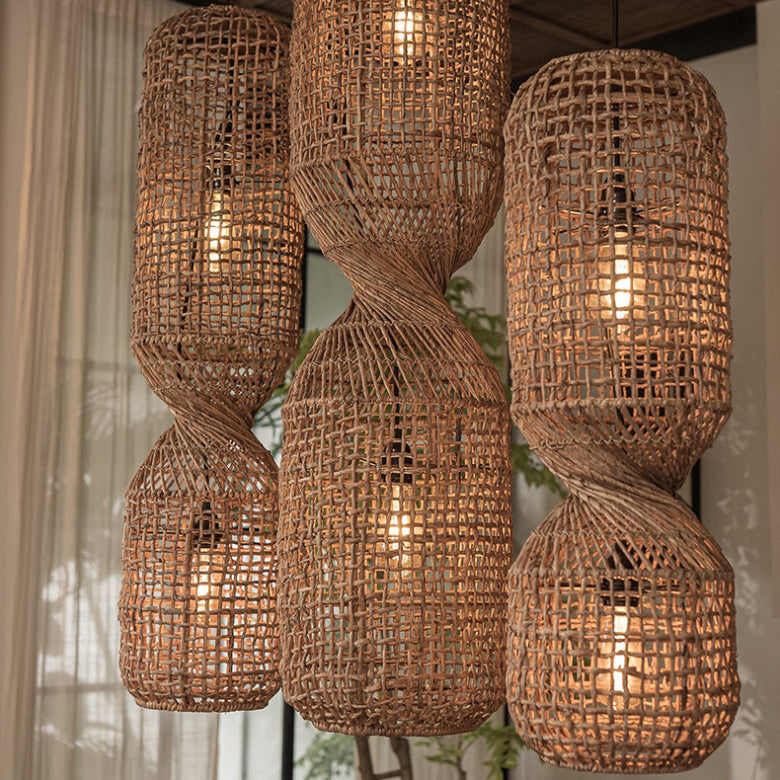 Traditionelle japanische Chinoiserie-Knopf-Pendelleuchte mit zylindrischem Rattan-Geflecht und 1 Licht für Unterhaltungsräume 