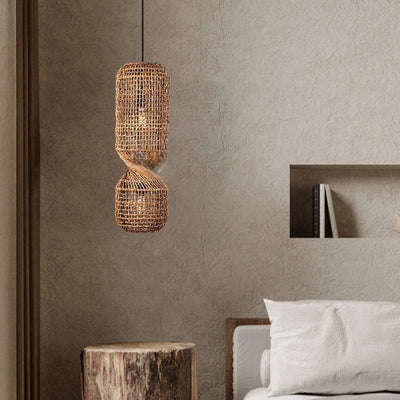 Traditionelle japanische Chinoiserie-Knopf-Pendelleuchte mit zylindrischem Rattan-Geflecht und 1 Licht für Unterhaltungsräume 