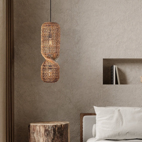 Traditionelle japanische Chinoiserie-Knopf-Pendelleuchte mit zylindrischem Rattan-Geflecht und 1 Licht für Unterhaltungsräume 