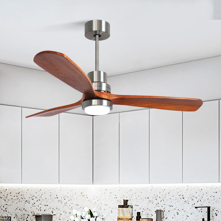 Lámpara de ventilador de techo con varillas descendentes, pantalla redonda de vidrio, hierro, madera de paulownia y aspas LED, estilo contemporáneo retro, para dormitorio 