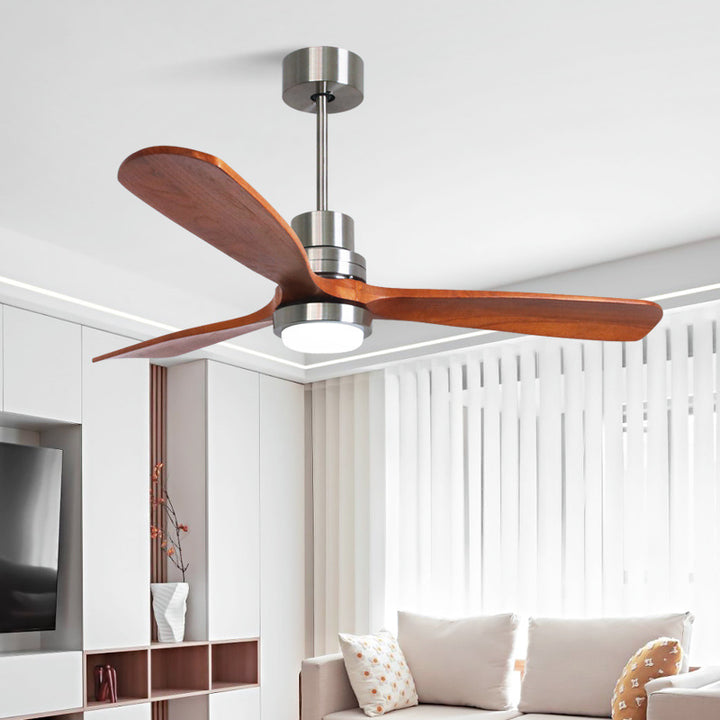 Lámpara de ventilador de techo con varillas descendentes, pantalla redonda de vidrio, hierro, madera de paulownia y aspas LED, estilo contemporáneo retro, para dormitorio 