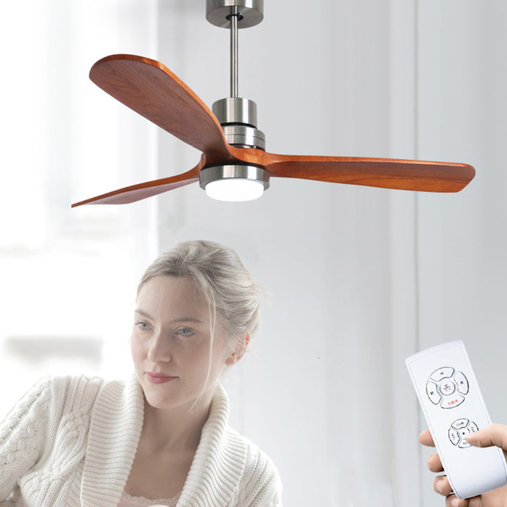 Lámpara de ventilador de techo con varillas descendentes, pantalla redonda de vidrio, hierro, madera de paulownia y aspas LED, estilo contemporáneo retro, para dormitorio 