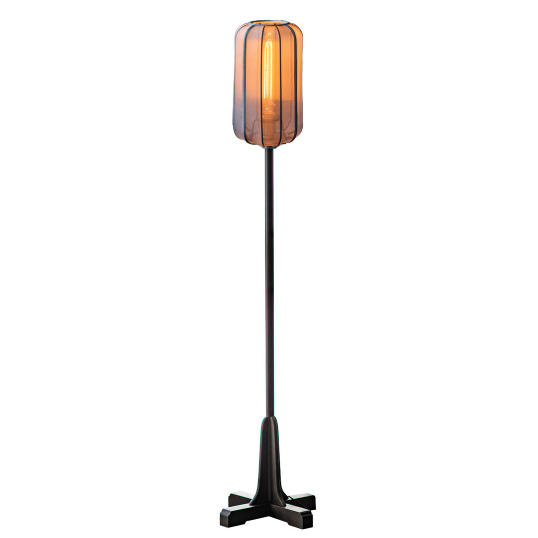 Traditional Chinese Silk Fabric Cylinder Shade Wood Base 1-Light Standing Floor Lamp For Bedroom