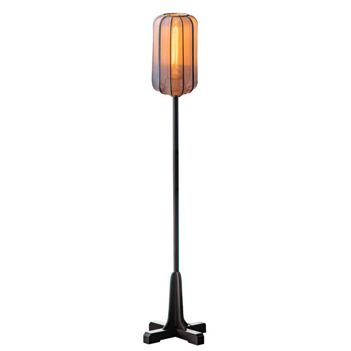 Traditional Chinese Silk Fabric Cylinder Shade Wood Base 1-Light Standing Floor Lamp For Bedroom