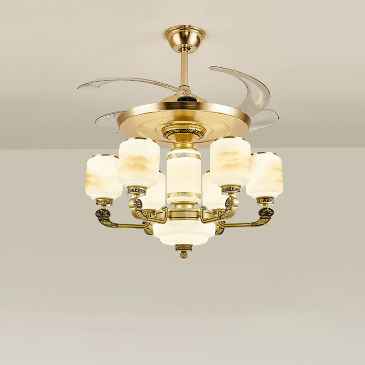 Traditionelle chinesische Jade Dekor Glas Zylinder Schatten Zinklegierung 6-Licht Downrod Deckenventilator Licht für Wohnzimmer 