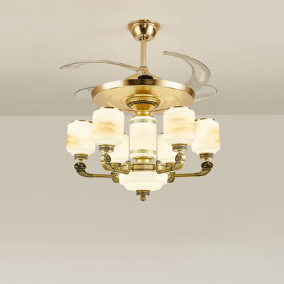 Traditionelle chinesische Jade Dekor Glas Zylinder Schatten Zinklegierung 6-Licht Downrod Deckenventilator Licht für Wohnzimmer 