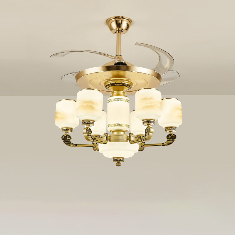 Traditionelle chinesische Jade Dekor Glas Zylinder Schatten Zinklegierung 6-Licht Downrod Deckenventilator Licht für Wohnzimmer 