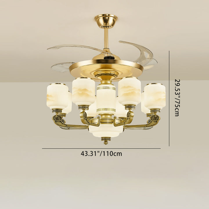 Ventilador de Techo con Luz de 6 Luces de Varilla Descendente de Aleación de Zinc con Pantalla Cilíndrica de Vidrio Decorado con Jade Chino Tradicional para Sala de Estar 