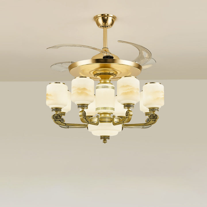 Traditionelle chinesische Jade Dekor Glas Zylinder Schatten Zinklegierung 6-Licht Downrod Deckenventilator Licht für Wohnzimmer 