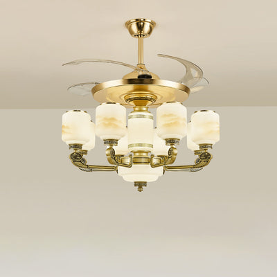 Traditionelle chinesische Jade Dekor Glas Zylinder Schatten Zinklegierung 6-Licht Downrod Deckenventilator Licht für Wohnzimmer 