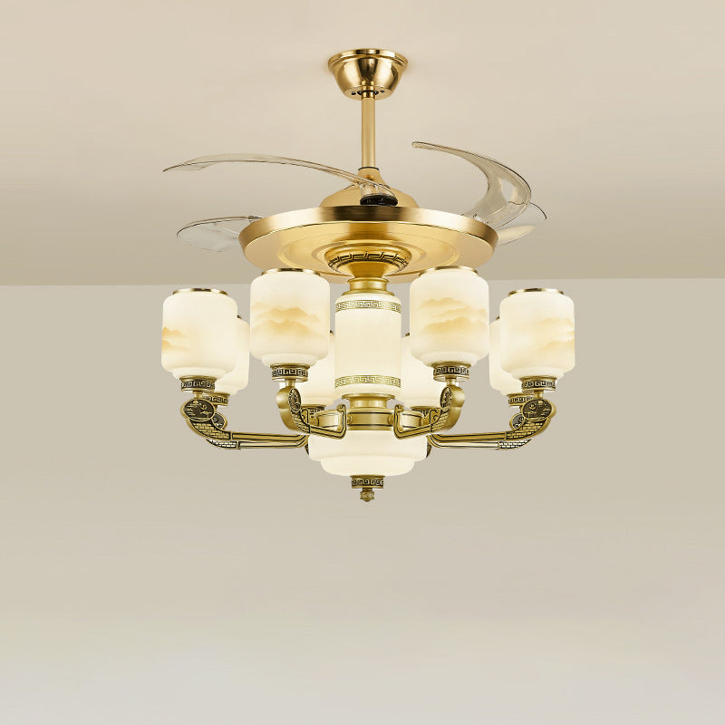 Traditionelle chinesische Jade Dekor Glas Zylinder Schatten Zinklegierung 6-Licht Downrod Deckenventilator Licht für Wohnzimmer 