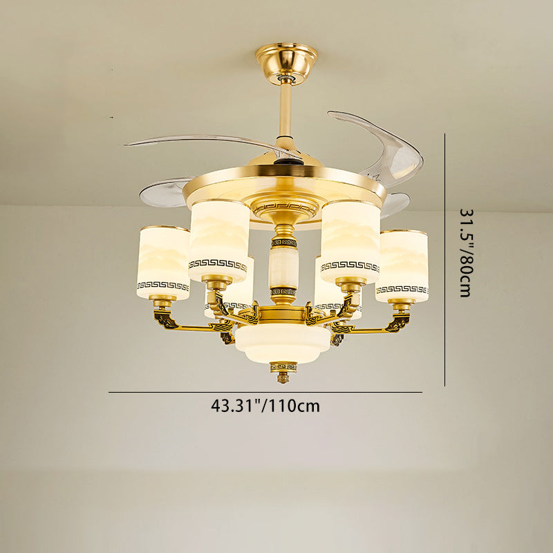 Traditionelle chinesische Jade Dekor Glas Zylinder Schatten Zinklegierung 6-Licht Downrod Deckenventilator Licht für Wohnzimmer 
