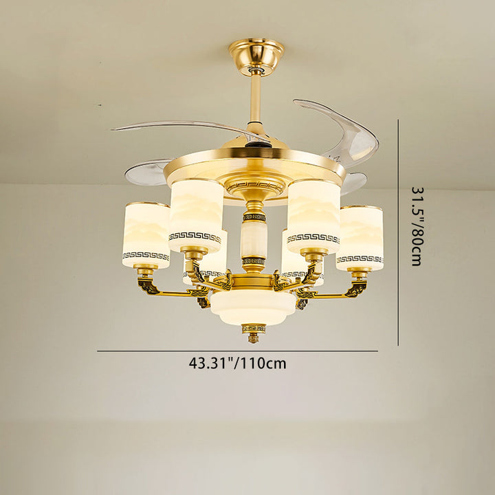 Traditionelle chinesische Jade Dekor Glas Zylinder Schatten Zinklegierung 6-Licht Downrod Deckenventilator Licht für Wohnzimmer 