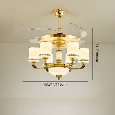 Traditionelle chinesische Jade Dekor Glas Zylinder Schatten Zinklegierung 6-Licht Downrod Deckenventilator Licht für Wohnzimmer 