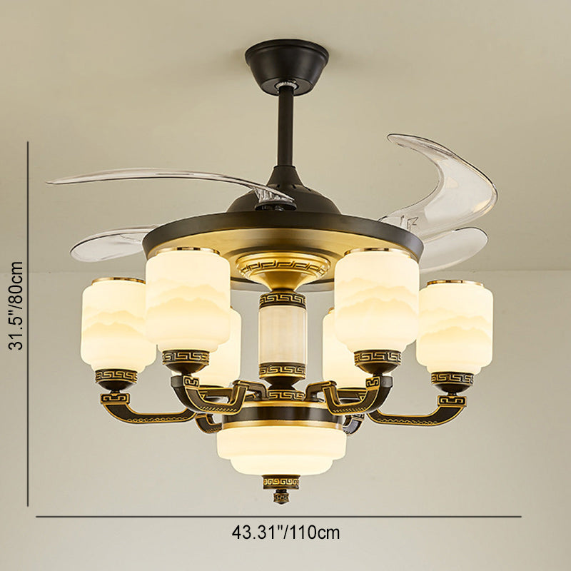 Traditionelle chinesische Jade Dekor Glas Zylinder Schatten Zinklegierung 6-Licht Downrod Deckenventilator Licht für Wohnzimmer 