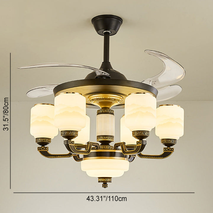 Ventilador de Techo con Luz de 6 Luces de Varilla Descendente de Aleación de Zinc con Pantalla Cilíndrica de Vidrio Decorado con Jade Chino Tradicional para Sala de Estar 