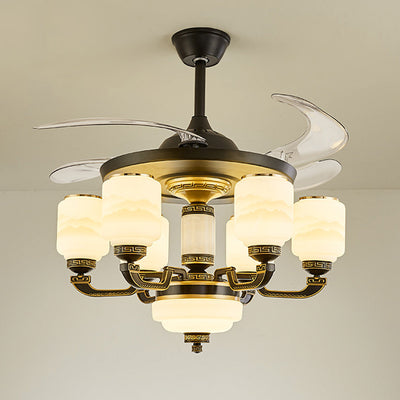 Traditionelle chinesische Jade Dekor Glas Zylinder Schatten Zinklegierung 6-Licht Downrod Deckenventilator Licht für Wohnzimmer 
