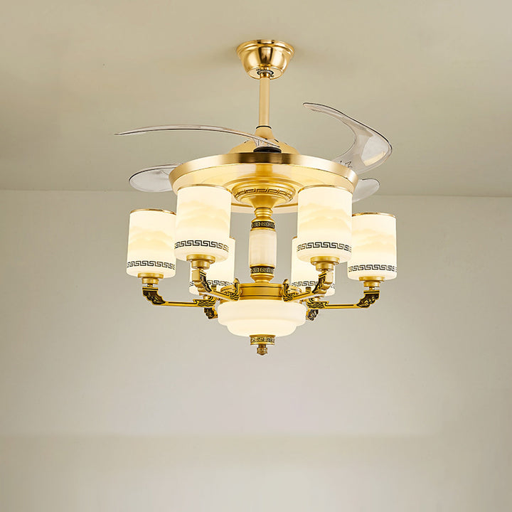 Traditionelle chinesische Jade Dekor Glas Zylinder Schatten Zinklegierung 6-Licht Downrod Deckenventilator Licht für Wohnzimmer 