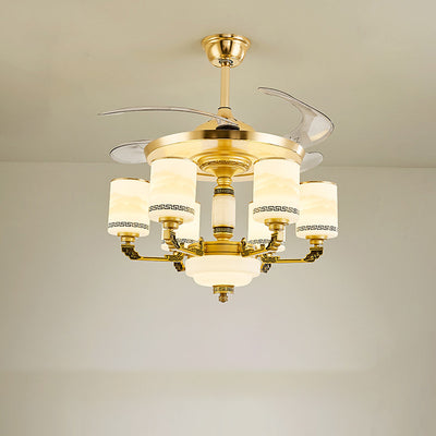 Traditionelle chinesische Jade Dekor Glas Zylinder Schatten Zinklegierung 6-Licht Downrod Deckenventilator Licht für Wohnzimmer 