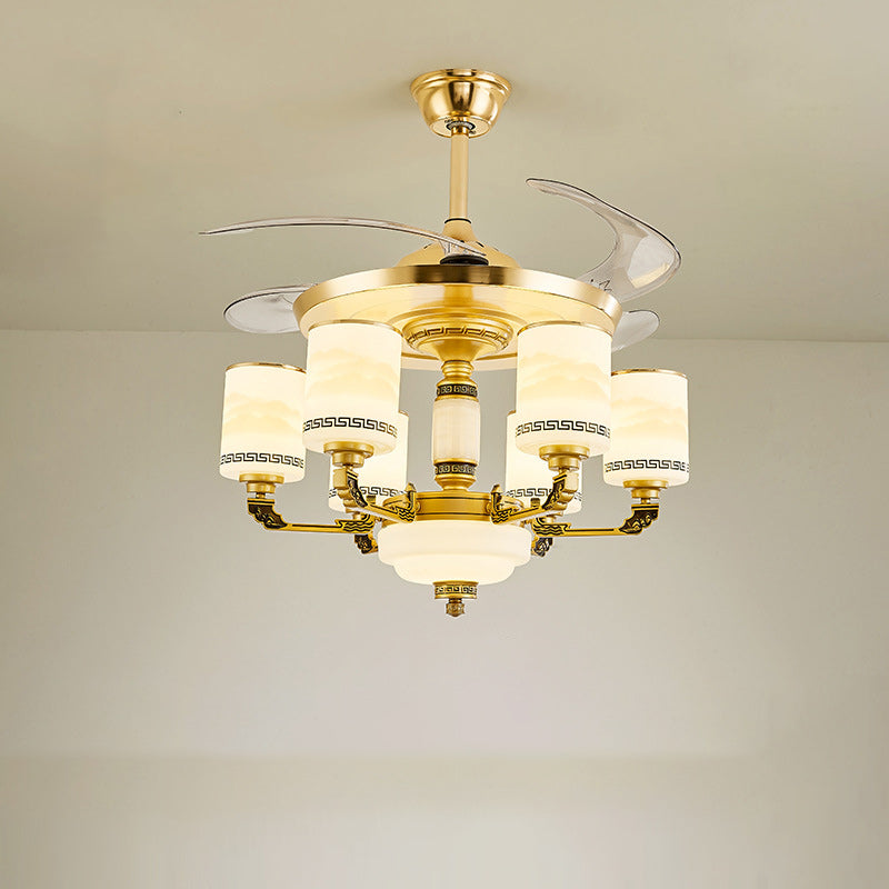 Traditionelle chinesische Jade Dekor Glas Zylinder Schatten Zinklegierung 6-Licht Downrod Deckenventilator Licht für Wohnzimmer 