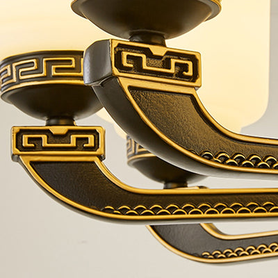 Traditionelle chinesische Jade Dekor Glas Zylinder Schatten Zinklegierung 6-Licht Downrod Deckenventilator Licht für Wohnzimmer 