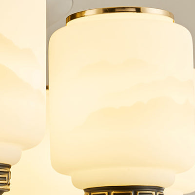 Traditionelle chinesische Jade Dekor Glas Zylinder Schatten Zinklegierung 6-Licht Downrod Deckenventilator Licht für Wohnzimmer 