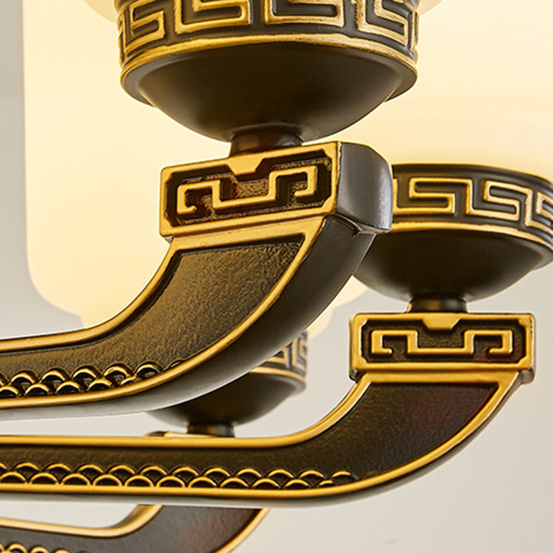 Traditionelle chinesische Jade Dekor Glas Zylinder Schatten Zinklegierung 6-Licht Downrod Deckenventilator Licht für Wohnzimmer 